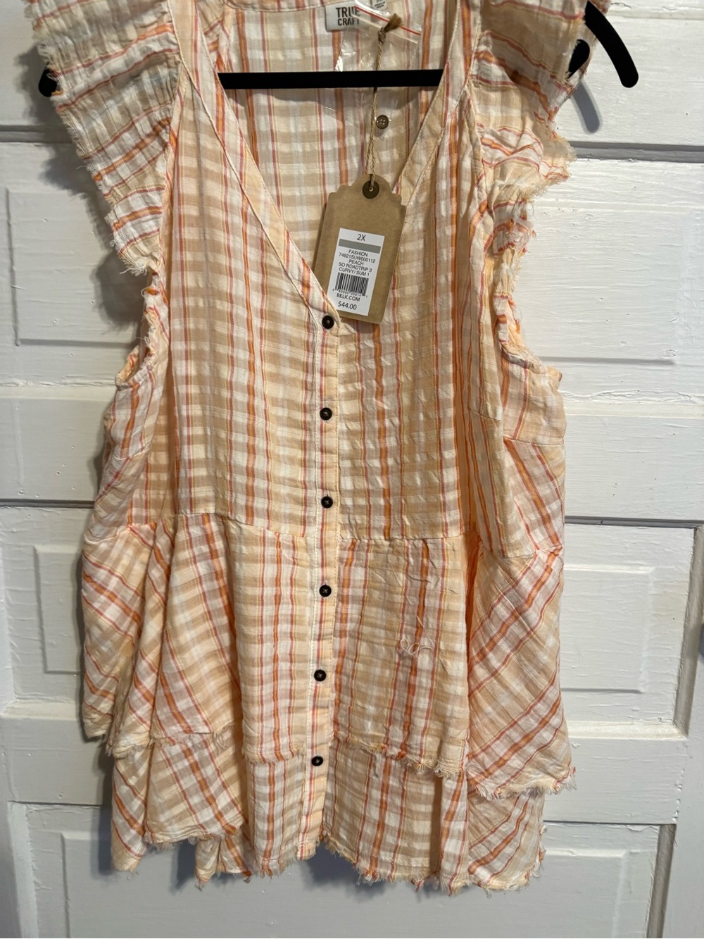 TRU Craft Peach Plaid Button Front Tunic top sz 2xl